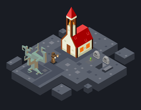 Cursed Church Ghost Monk Evil Tree Grave Flat Design Isometric Vector Illustrationのイラスト素材