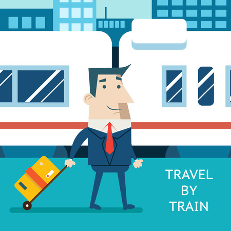 Cartoon Businessman Character Travel Vacation Mobile Business Marketing Railway Station Background Flat Design Vector Illustrationのイラスト素材