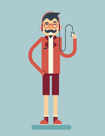 Happy Smiling Adult Man Geek Hipster Character Listen Music Player Icon Stylish Background Flat Design Template Vector Illustrationのイラスト素材