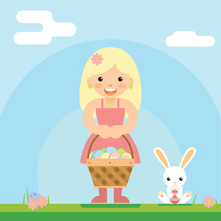 Happy girl bunny basket easter egg icon sky background flat design vector illustrationのイラスト素材