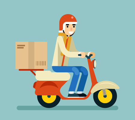 Delivery Courier Motorcycle Scooter Box Symbol Icon Concept Isolated Green Background Flat Design Vector Illustrationのイラスト素材