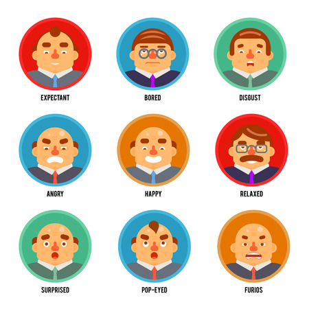Adult Avatar Emotions Happy Surprised Mustache Angry Adult Set Boss Character Symbol Business Icon Isolated Background Concept Flat Design Template Vector Illustrationのイラスト素材