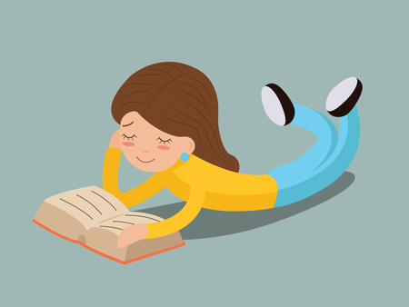 young girl happy smiling reading book lying floor Characters Icon Symbol   Stylish Isolated cartoon Design Concept Template Vector Illustrationのイラスト素材