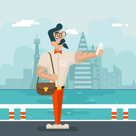 Wealthy Cartoon Hipster Geek Mobile Phone Selfie Businessman Character Icon Stylish City Background Flat Design Vector Illustrationのイラスト素材