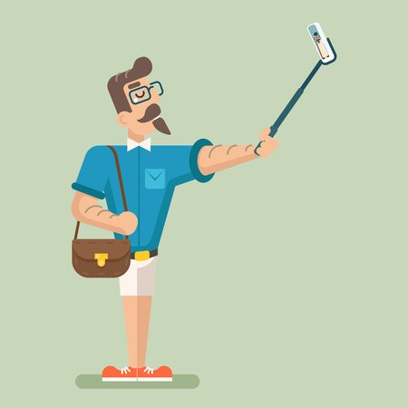 Selfie Stick Happy Cartoon Hipster Geek Mobile Phone Businessman Character Icon Stylish Background Flat Design Vector Illustrationのイラスト素材