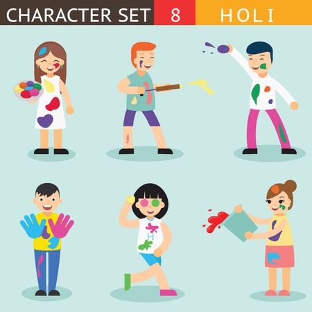 Holiday Season Colours Holi People Happy Characters Icon Set Symbol Accessories Stylish Isolated Flat Design Template Vector Illustrationのイラスト素材