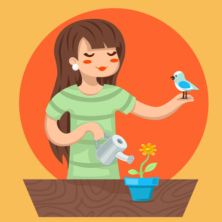 Cartoon Girl Female Woman Character Bird Watering Flower Icon Stylish Background Design Vector Illustrationのイラスト素材