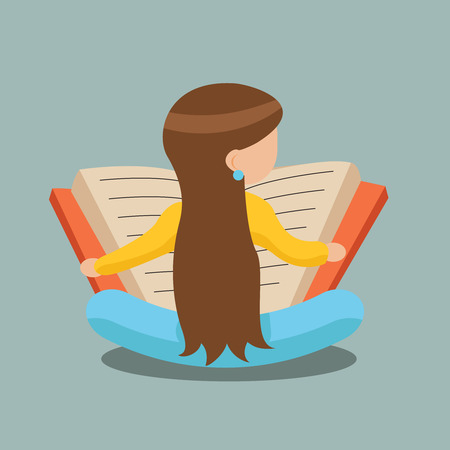 Young Girl Reading Book Sitting Floor Characters Icon Symbol Stylish Isolated cartoon Design Concept Template Illustrationのイラスト素材