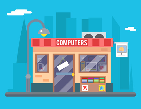 Computer Shop Interior Seller Goods Offer Sale Icon Flat Design Character City Background Illustrationのイラスト素材