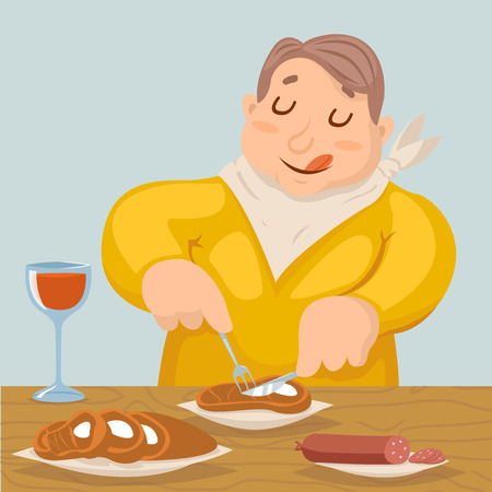 Cartoon Fat Man Eat Grilled Meat Sausage Character Icon Stylish Background Design Illustrationのイラスト素材
