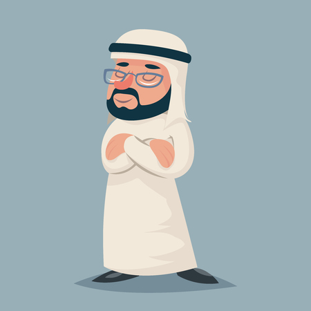 Winner Vintage Arab Businessman Standing Proud Clever Character Icon Stylish Background Retro Cartoon Design Vector Illustrationのイラスト素材