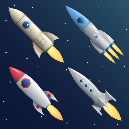 Cartoon Rocket Start Up Launch Symbol Businesses Innovation Development Flat Design Icons Set Template Space Background Vector Illustrationのイラスト素材