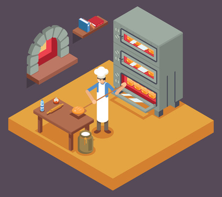 Cook baker cooking bread isometric icon bakery background flat design illustrationのイラスト素材