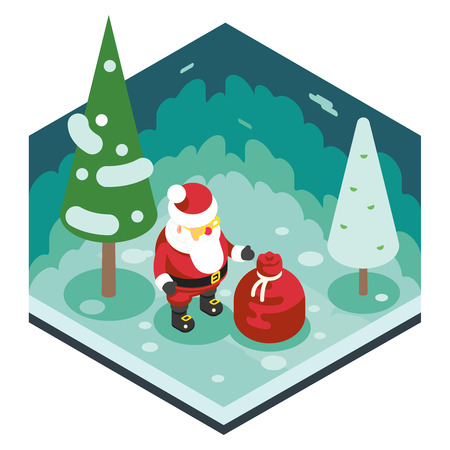 Christmas Santa Claus Grandfather Frost Gift Bag New Year Forest Wood Background Isometric Flat Design Icon Template Vector Illustrationのイラスト素材