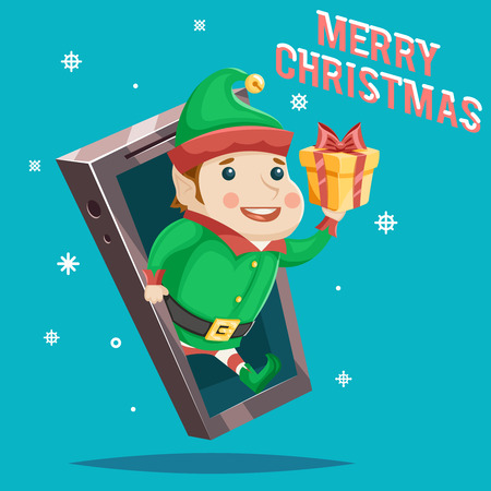 Elf Giftbox Christmas New Year Greating Gift Card Mobile Phone Cartoon Design Vector Illustrationのイラスト素材