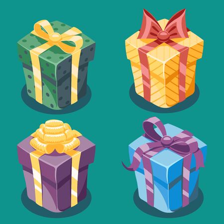 Gift Box New Year and Cartoon Flat Design Icon Set Template Vector Illustrationのイラスト素材