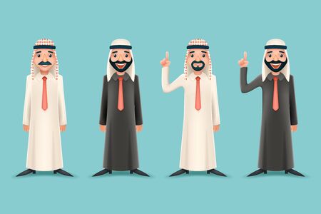 Arab Traditional National Muslim Clothes 3d Realistic Businessman Cartoon Character Icon on Stylish Background Retro Cartoon Design Vector Illustrationのイラスト素材