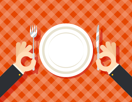 Food Restaurant Promotion Hands Cutlery Plate Fork and Knife oncept Symbol on Stylish Background Flat Design Vector Illustrationのイラスト素材
