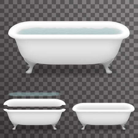 Retro Bath with Water Realistic 3d Parallax Bathtub Transparent Template Background Mock Up Design Vector Illustrationのイラスト素材