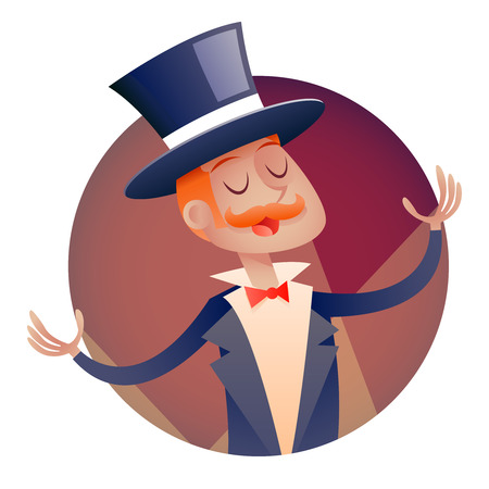 Circus Show Host Boy Man in Suit with Cylinder Hat Icon on Stylish Background Retro Cartoon Design Vector Illustrationのイラスト素材