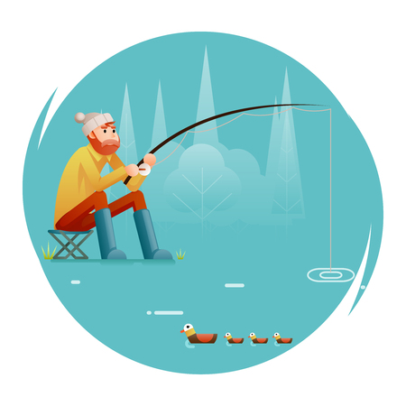 fishing Adult Fisherman with Fishing Rod Birds Isolated Concept Character Icon Flat Design Template Vector Illustrationのイラスト素材