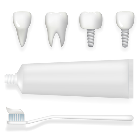 Tooth dental implant tube toothpaste and toothbrush realistic 3d poster stomatology isolated icons set template mock up design vector illustrationのイラスト素材