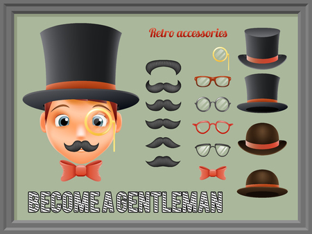Mustache Bow Glasses Top Hat Gentleman Victorian Business Cartoon Icons Set English 3d Isolated Background Retro Vintage Great Britain Design Vector Illustrationのイラスト素材