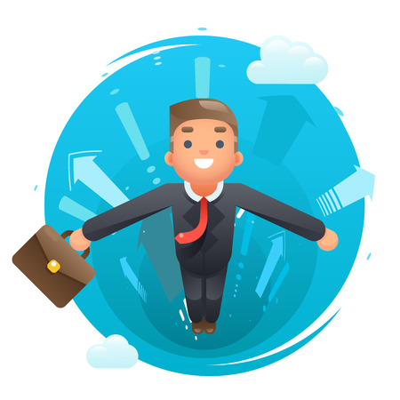 Flying happy cute superhero businessman character growth success infographic arrows background flat design vector illustrationのイラスト素材
