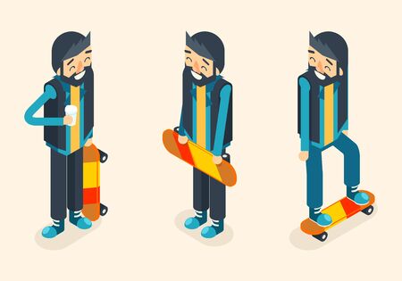 Hipster Geek Scater Ride Scateboard Cartoon Character Icon Isometric Design Vector Illustrationのイラスト素材