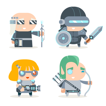Sci-fi Fantasy Techno Knight Cybernetic Technomage Programmer Engineer RPG Game Character Vector Icons Set Vector Illustrationのイラスト素材