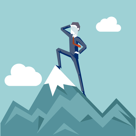 Businessman Character Achievement Top Point Goal Symbol Mountain clouds Background Business concept Flat Design Vector Illustrationのイラスト素材