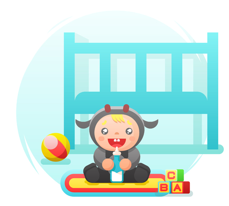 Child drinking milk cow cute costume nursery flat design vector illustrationのイラスト素材