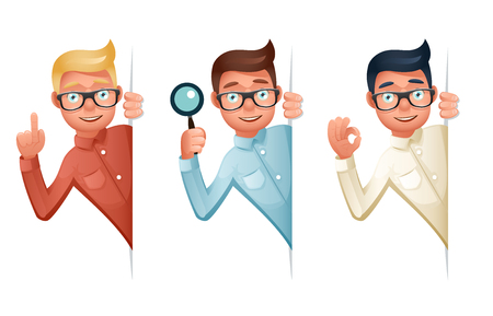 Search Help Looking Out Corner Cartoon Businessman Character Icon Magnifying Glass Symbol Retro Vintage Vector Illustrationのイラスト素材