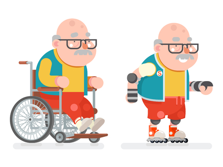 Wheelchair Grandfather Active Lifestyle Roller Skate Adult Sports Healthy Old Age Man Character Cartoon Flat Design Vector illustrationのイラスト素材