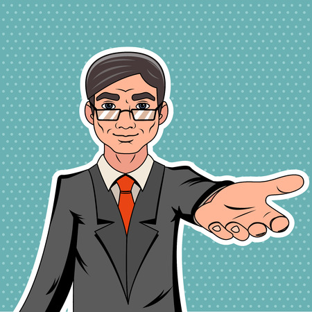 Pop Art Invitation Cooperation Businessman Character Kindly Extend Hand Character Icon on Stylish Background Retro Vintage Cartoon Poster Design Vector Illustrationのイラスト素材