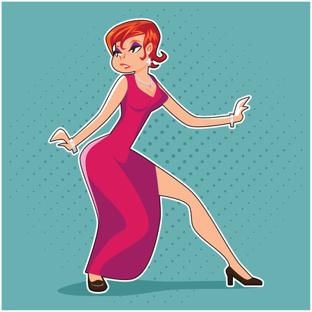 Popart Pin-up Femme Fatale Woman Spy Thief Action Pose Retro Vintage Cartoon Design Vector Illustrationのイラスト素材
