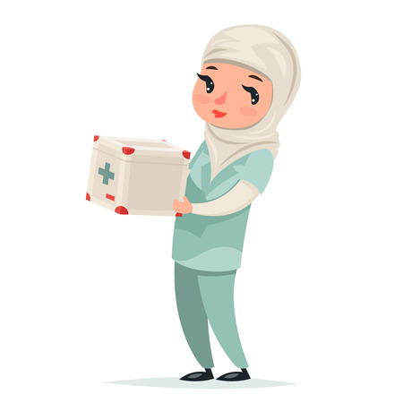 Transplant Surgeon Nurse Female Girl Cute Arab Doctor with First-aid kit Medicine Box Refrigerator Transplantation Internal Organs Hands Character Isolated Icon Medic Retro Cartoon Design Vector Illustration.のイラスト素材