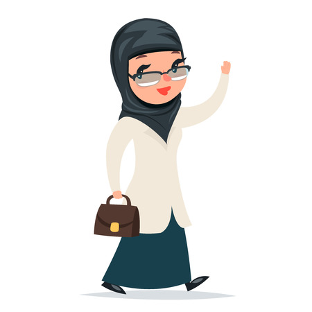 Walk Home Treatment Female Girl Cute Arab Doctor with Case Greets Hand Character Isolated Icon Medic Retro Cartoon Design Vector Illustrationのイラスト素材