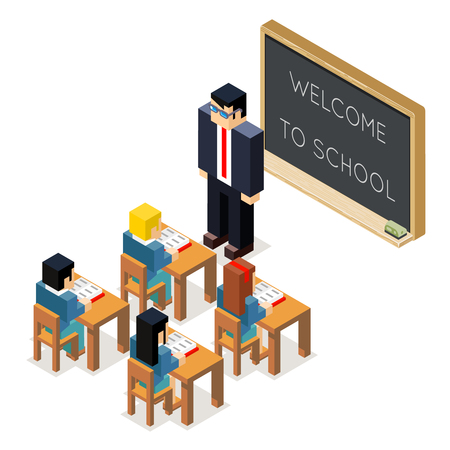 education lesson lowpoly 3d isometric classroom school board children pupil teacher flat design vector illustrationのイラスト素材