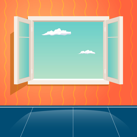 Home Open Glass Frame Window Interior Cartoon Design Template Background Vector Illustrationのイラスト素材