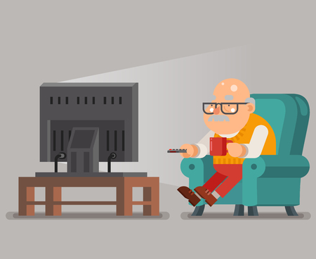 Grandfather Old Man Watching TV Sit Armchair Cartoon Character Flat Design Vector Illustrationのイラスト素材