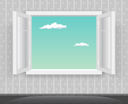 Open Glass Window Frame Cartoon Interior Home Design Template Background Vector Illustrationのイラスト素材