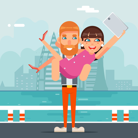 Happiness Selfie Photo Portrait Cute Young Girl Woman Man Together Couple Geek Hipster Smartphone Casual Lifestyle Character.のイラスト素材