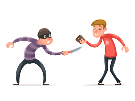 Robber Burglar Thief Robbery Steal Purse from Helpless Scared Guy Character Isolated Icon Cartoon Design Template Vector Illustrationのイラスト素材