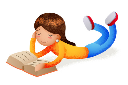 Cute happy girl smiling reading book lying on floor character icon read symbol isolated cartoon design education concept vector illustrationのイラスト素材