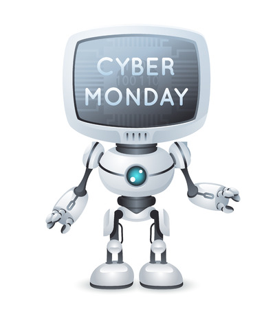 Sale cyber monday screen monitor head robot text poster technology science fiction future cute little 3d design vector illustrationのイラスト素材
