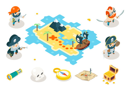 Buccaneer Filibuster Corsair Ocean Sea Dog Pirate Treasure Adventure Game RPG Map Characters Icon Isometric Symbol isolated Flat Design Vector Illustration.のイラスト素材