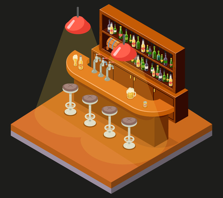 Isometric Pub Bar Restaurant Cafe Symbol Alcohol Beer House Interior 3d Icon Background Concept Flat Design Template Vector Illustrationのイラスト素材