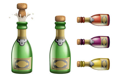 Celebration champagne Popping Cork Bottle Pledge Success Prosperity Drink Symbol Icons Set 3d Realistic Template Vector Illustrationのイラスト素材