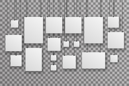 Poster Photo Picture Gallery Hang Rope Paper Big Little Realistic Icon Set Template Transparent Wall Background Mock Up Design Vector Illustrationのイラスト素材